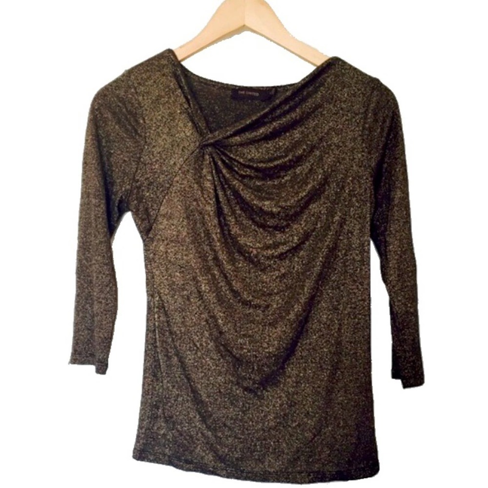 THE LIMITED Gold Shimmer Metallic Twist Cowl Long Sleeve Top SMALL Stretch